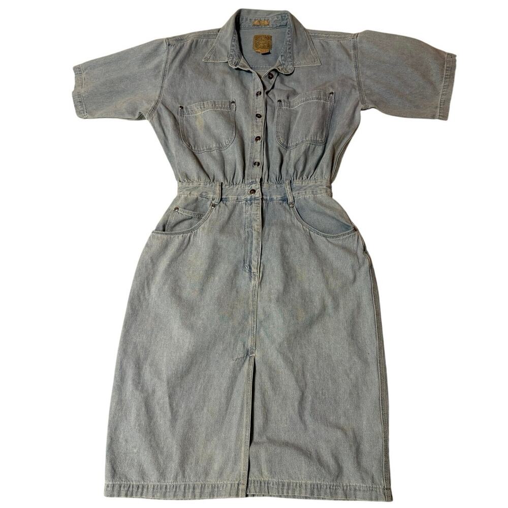 VTG AMI 90s Western Wear Med Wash Denim Short Sleeve Mini Dress Cotton Size 10